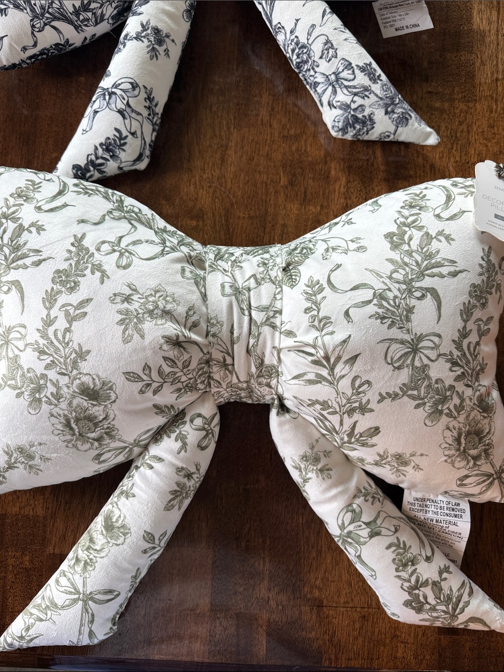 Envogue Cream Decorative Bow Pillow with Sage Floral Print